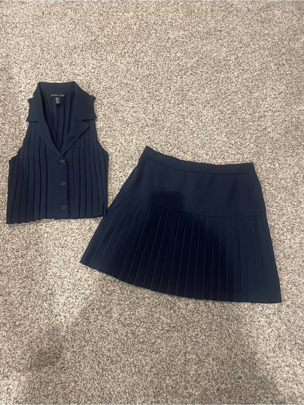 Sincerly Jules Navy Pleated Skirt Set - Sleeveless Button Vest & Skirt